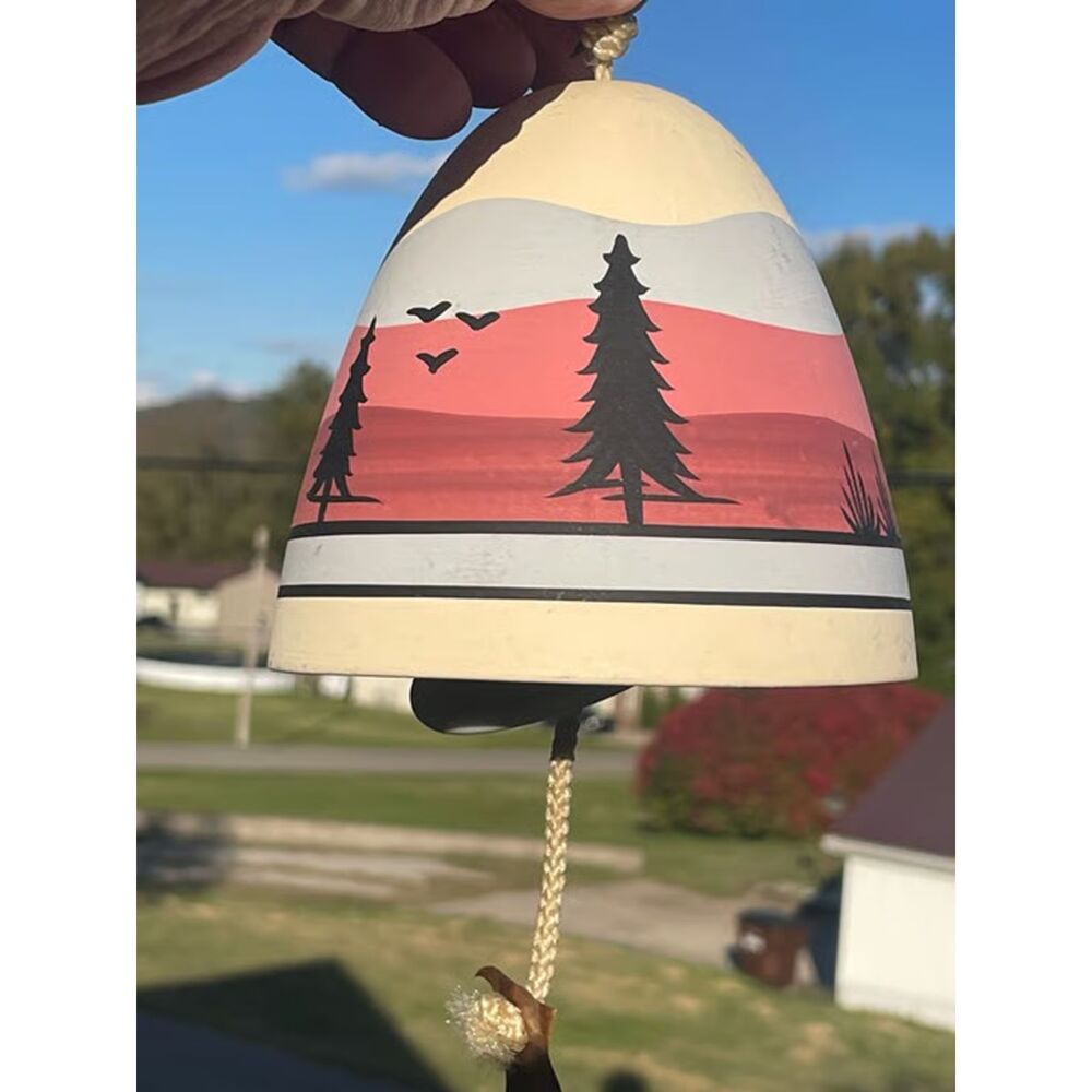Hand Painted Ceramic Wind Bell Mountain Sunset Copper Chime 15”